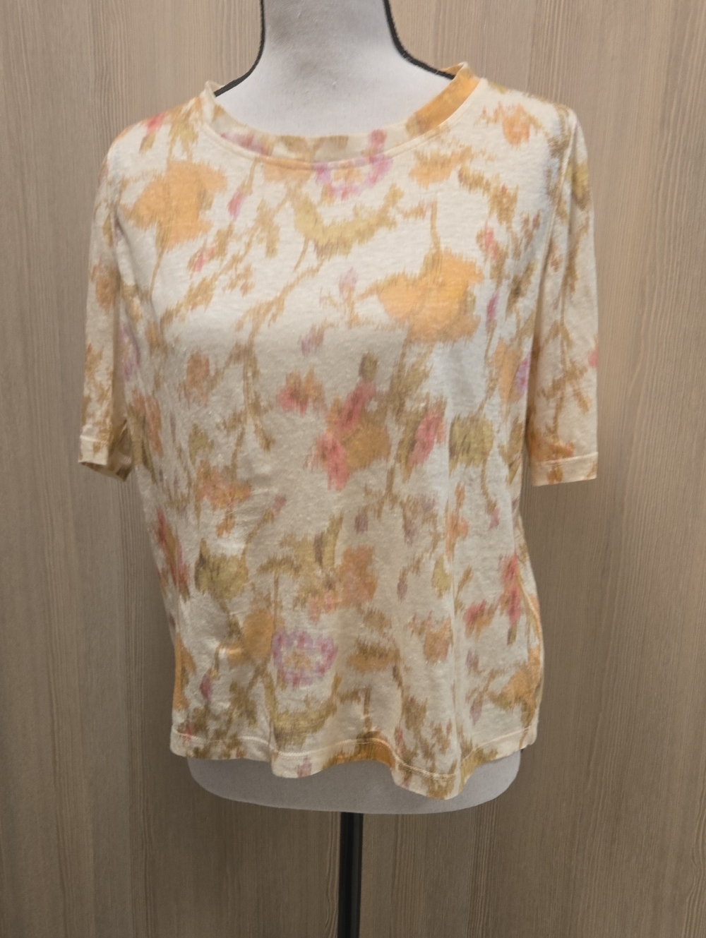 Rebecca Taylor Cream Tee with Soft Yellow and Pink Floral Wash